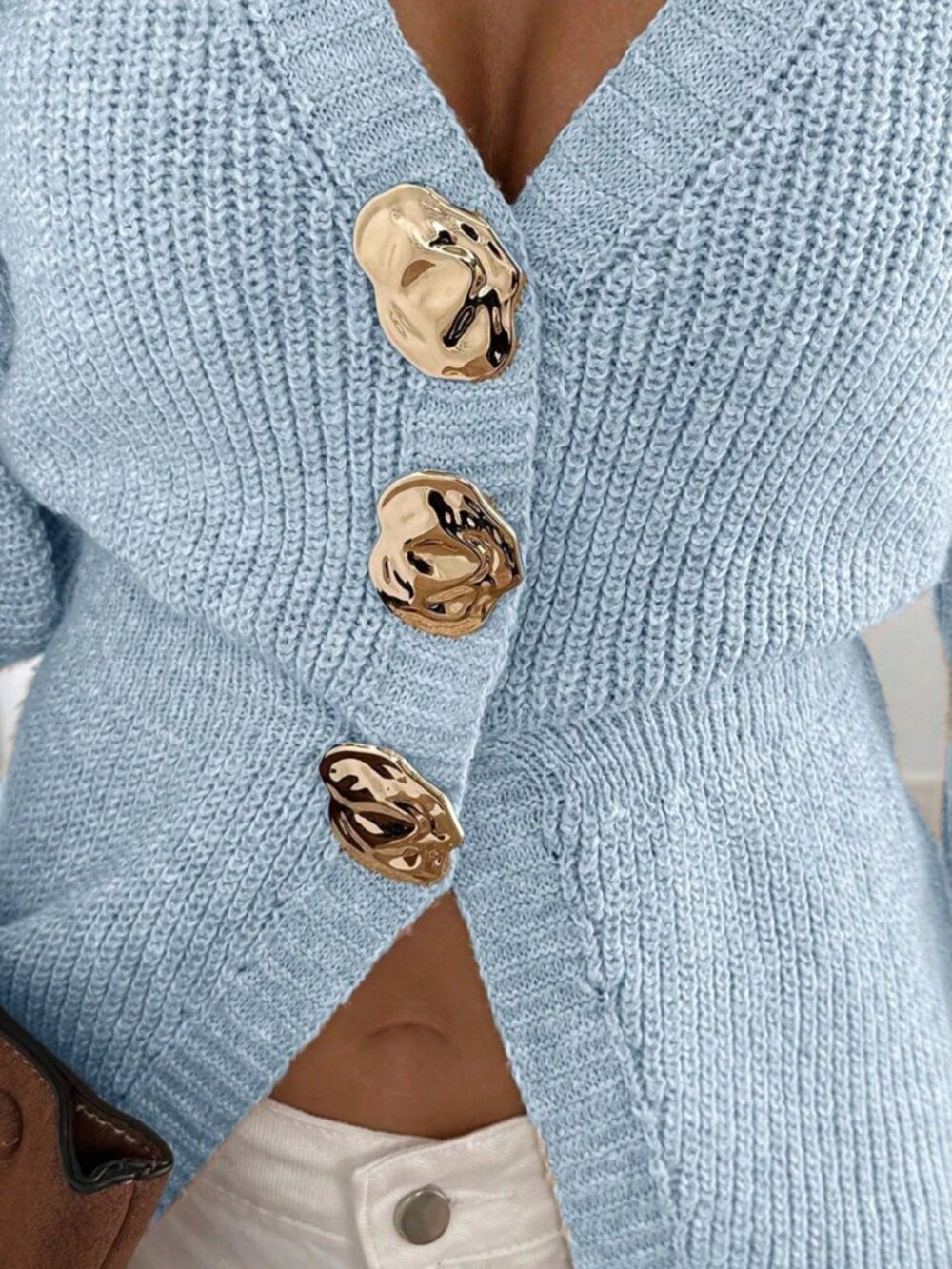 Baby Blue Casual Women's V-Neck Knit Top - Picture 6 of 7